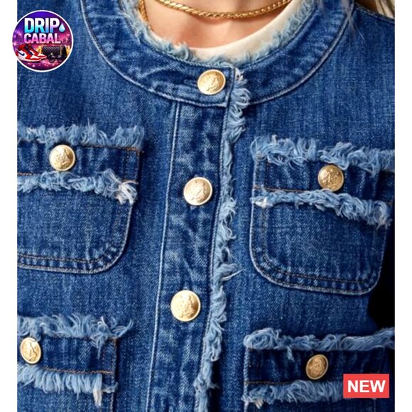 Cropped Denim Jacket Distressed Frayed Collarless Trendy Y2K Chic Button Down - Picture 4 of 5